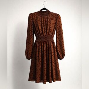 Brown Polka Dot Smocked Waist Dress - Women